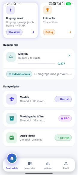 Mavzular va o‘quv rejalari ekrani
